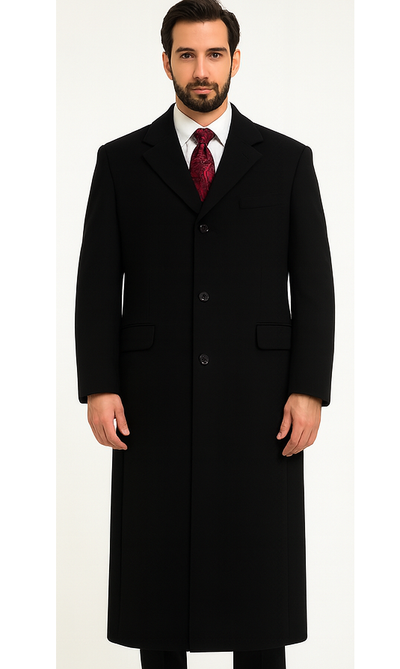 Black Cashmere Chesterfield Overcoat – 1920s Full Length Topcoat Velvet Collar