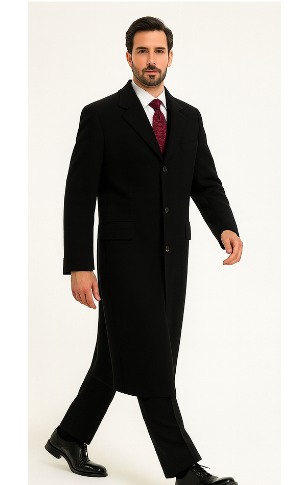Black Cashmere Chesterfield Overcoat – 1920s Full Length Topcoat Velvet Collar