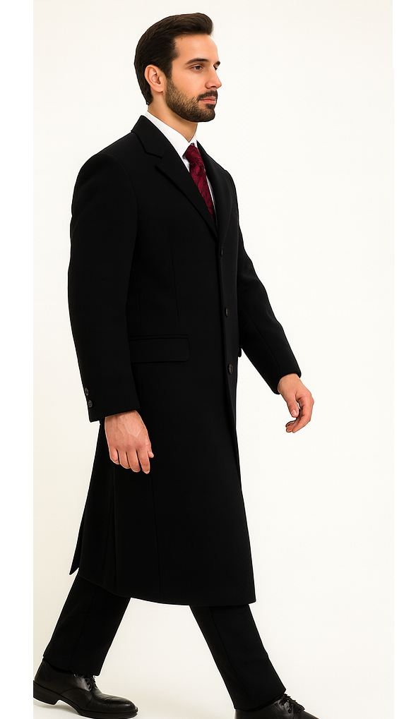 Black Cashmere Chesterfield Overcoat – 1920s Full Length Topcoat Velvet Collar