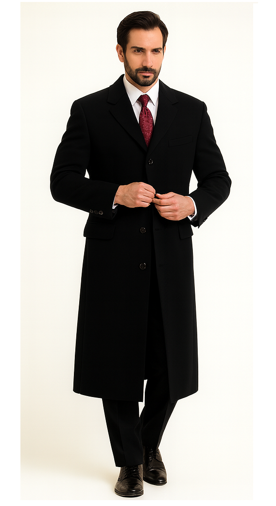 Black Cashmere Chesterfield Overcoat – 1920s Full Length Topcoat Velvet Collar