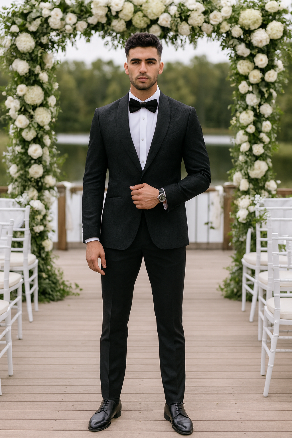 Black Floral Tuxedo Jacket with Shawl Lapel – Wedding & Prom