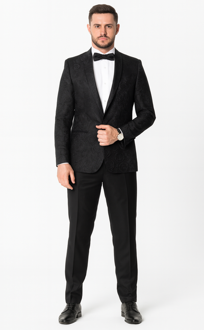 Black Floral Tuxedo Jacket with Shawl Lapel β Wedding & Prom