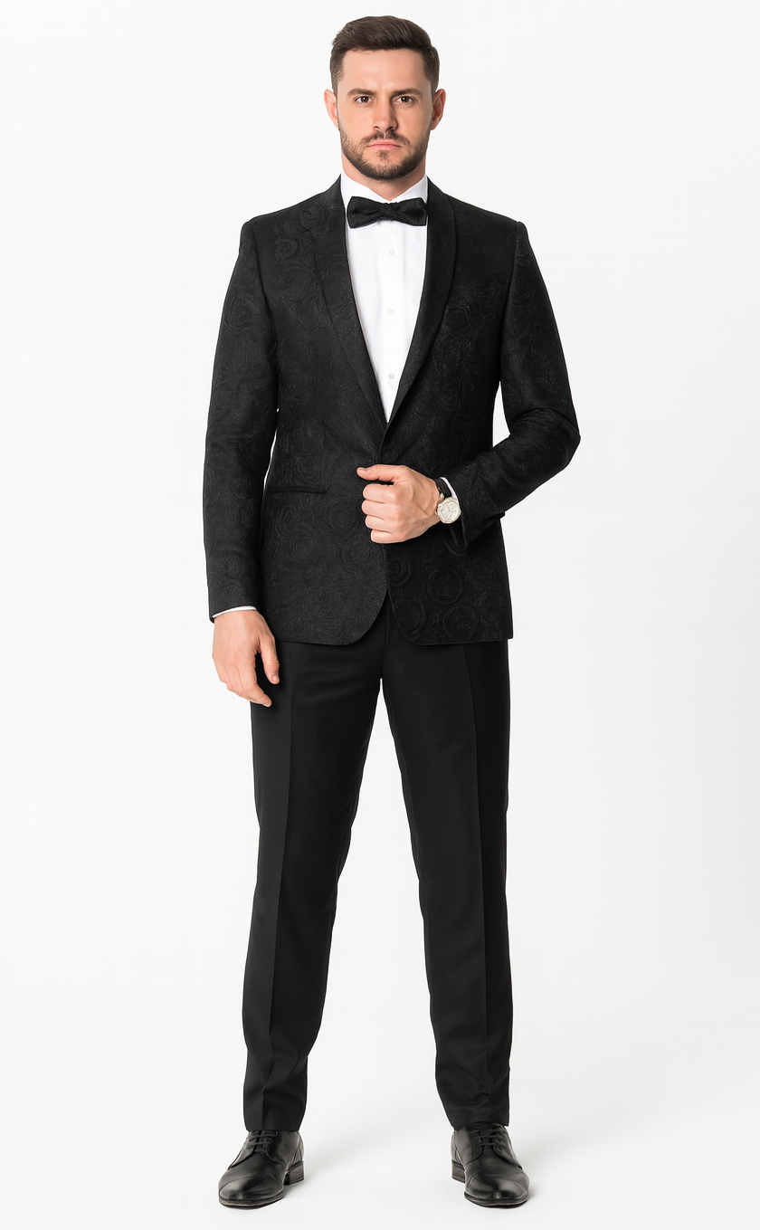 Black Floral Tuxedo Jacket with Shawl Lapel – Wedding & Prom