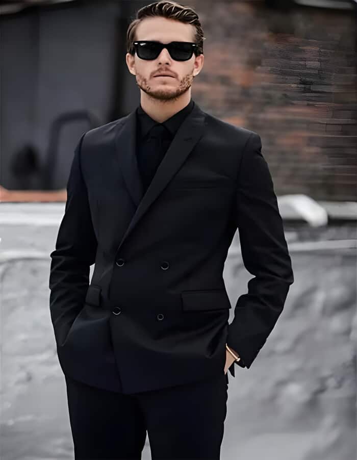 Black Full Cut Double Breasted Pattern Vest Pinstripe Suit