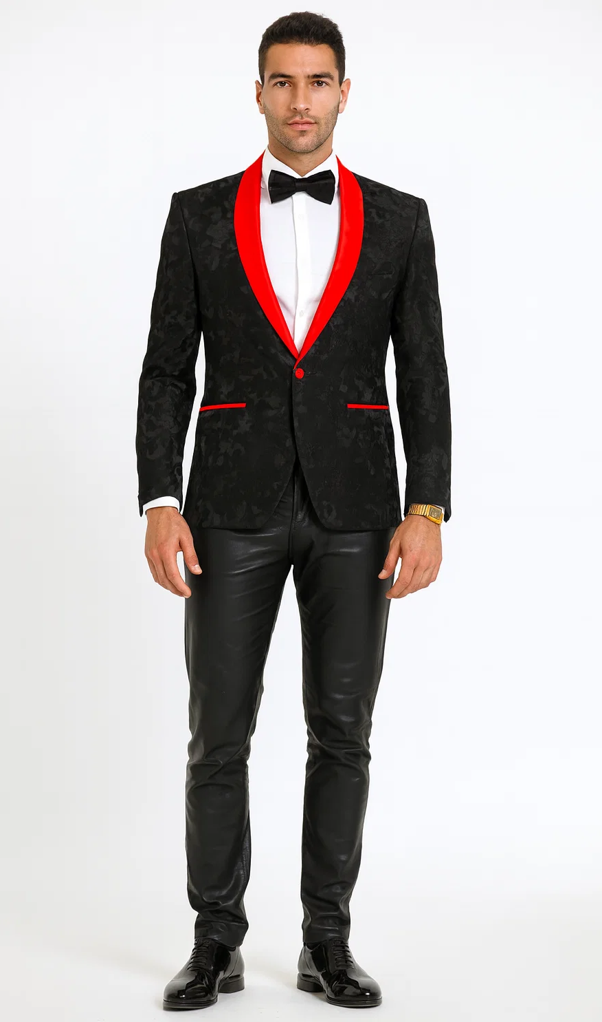 Black and Red Tuxedo Jacket Floral Pattern Slim Fit - Wedding - Prom