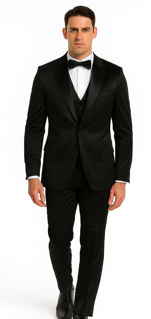 Black Satin 3 Piece Slim Fit Tazzio Men's Suit with Peak Lapel Jacket – Premium Formalwear