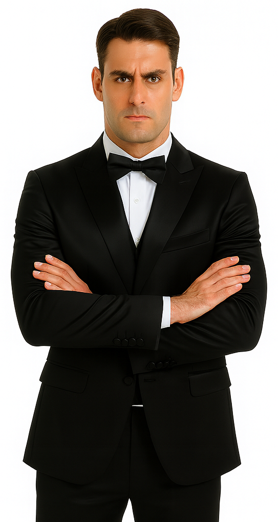 Black Satin 3 Piece Slim Fit Tazzio Men's Suit with Peak Lapel Jacket – Premium Formalwear