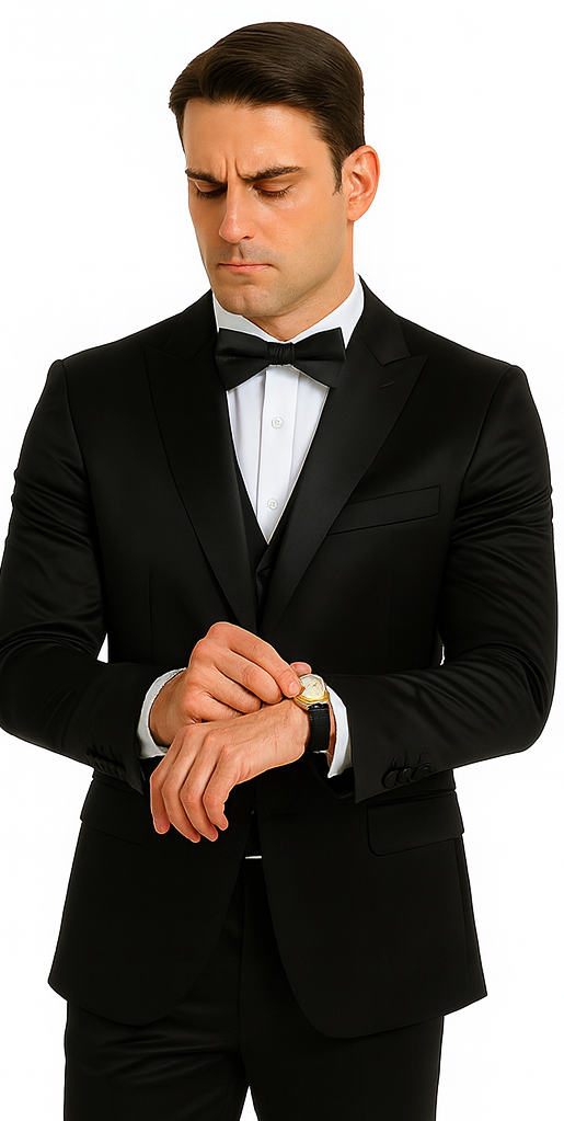 Black Satin 3 Piece Slim Fit Tazzio Men's Suit with Peak Lapel Jacket – Premium Formalwear