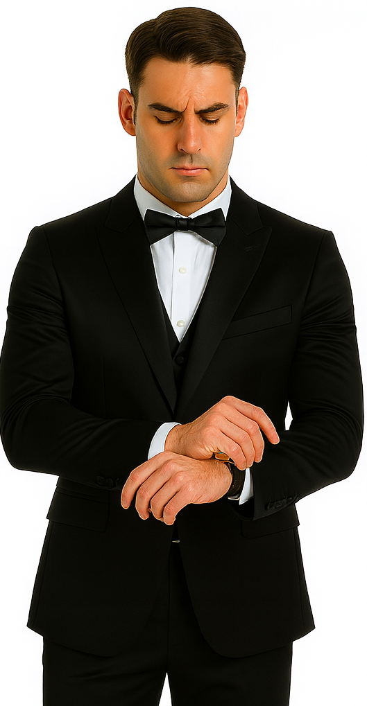 Black Satin 3 Piece Slim Fit Tazzio Men's Suit with Peak Lapel Jacket – Premium Formalwear