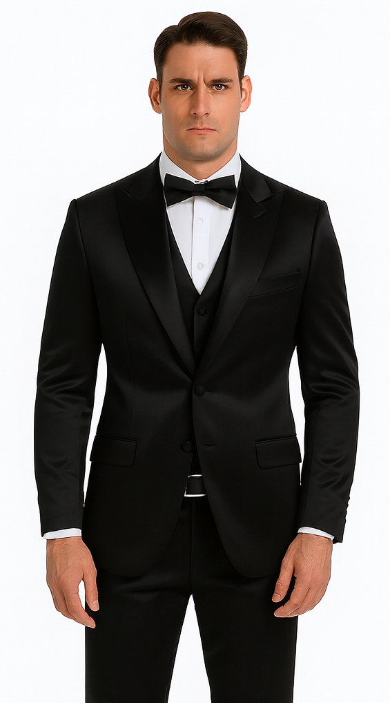 Black Satin 3 Piece Slim Fit Tazzio Men's Suit with Peak Lapel Jacket – Premium Formalwear