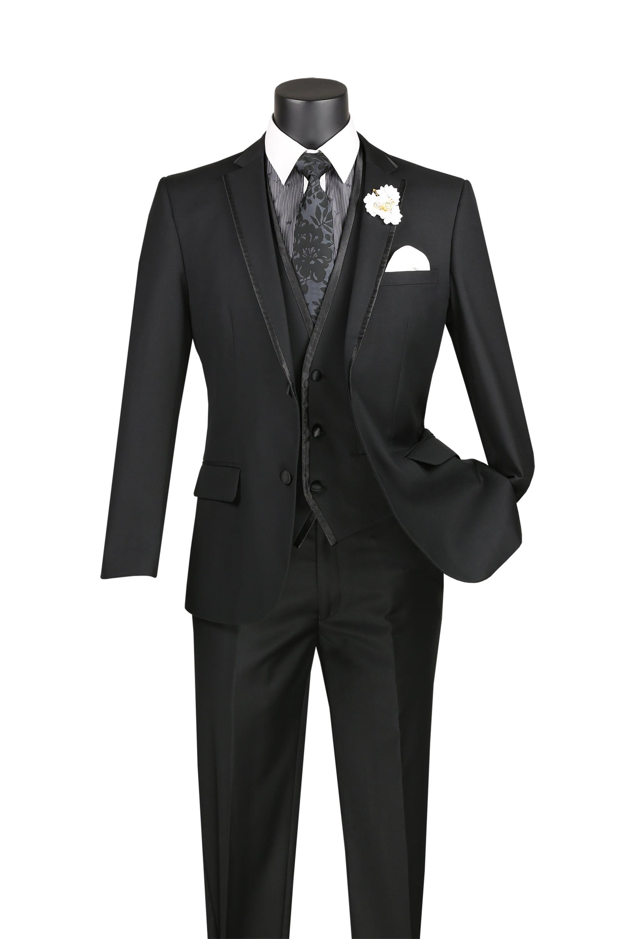 Black Trimmed Lapel Slim 3 Piece Suit by Vinci