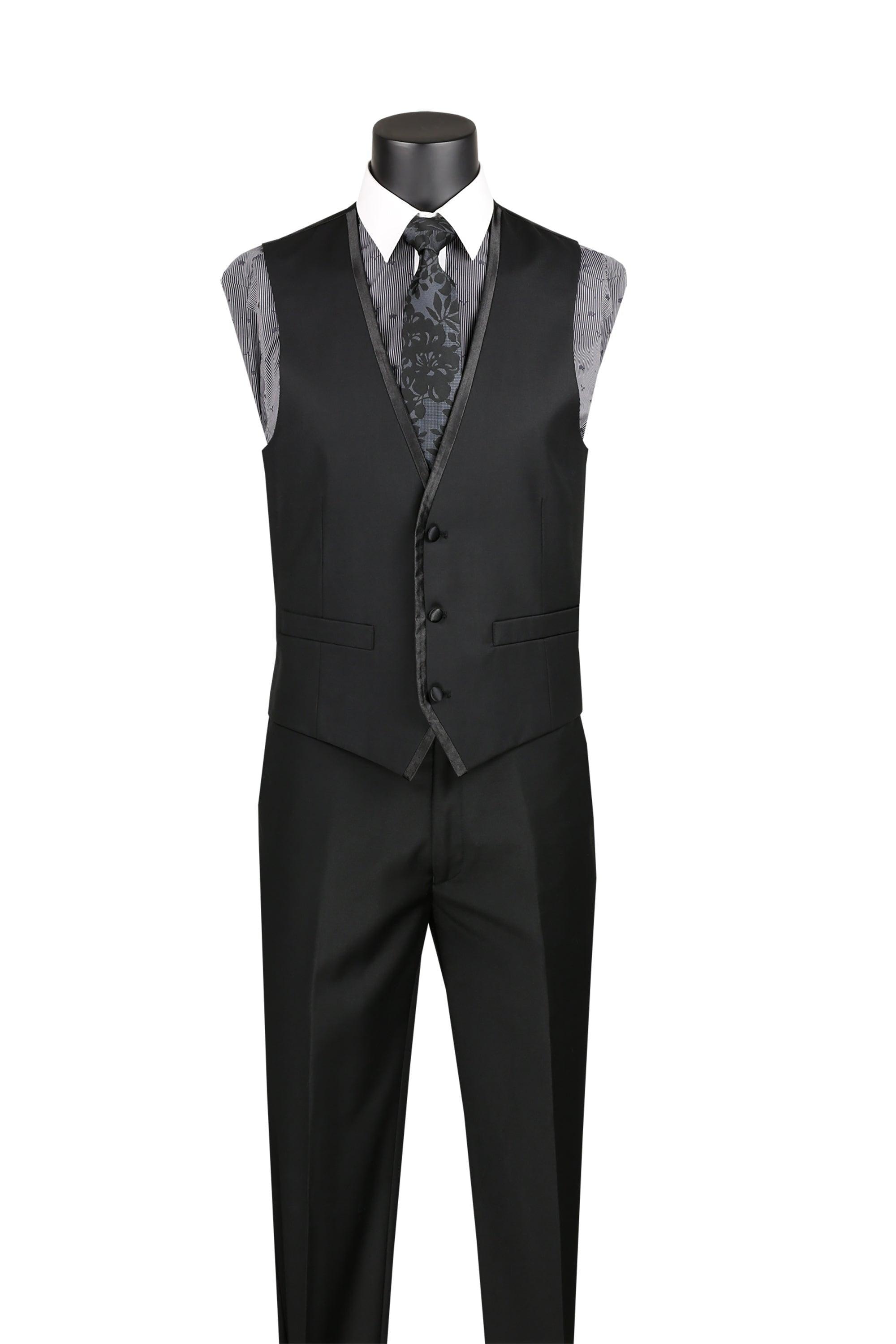 Black Trimmed Lapel Slim 3 Piece Suit by Vinci