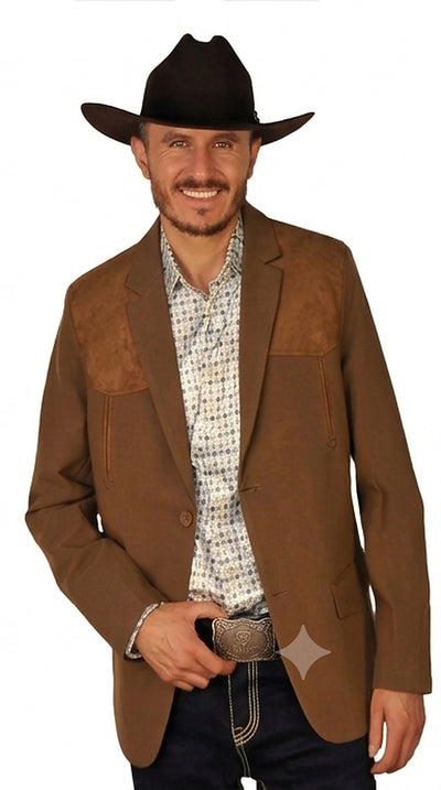 Mens SUEDE Cowboy Blazer Ultra Slim Fit Mens Western Blazer with Suede Shoulder in Color "Brown"