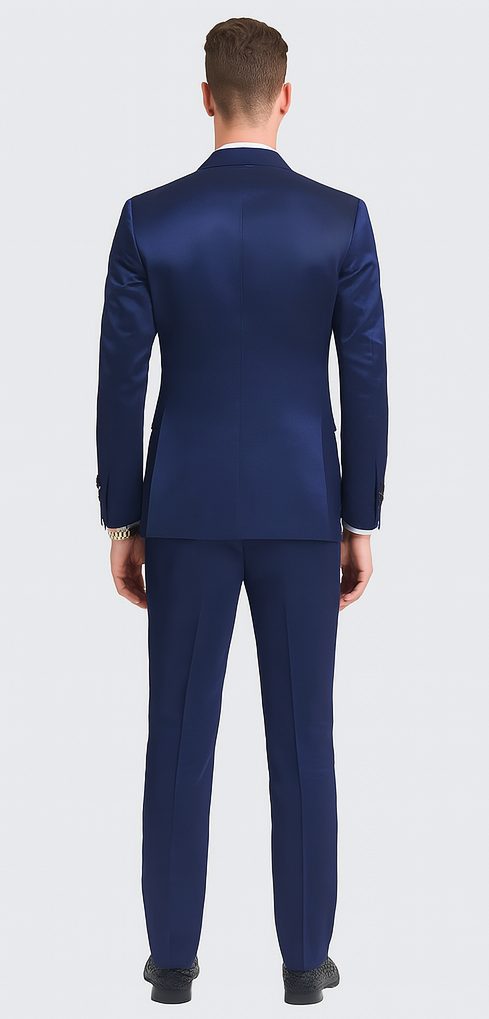 Blue Satin Slim Fit 3 Piece Tazzio Men's Suit with Peak Lapel and Double Breasted Vest Suit
