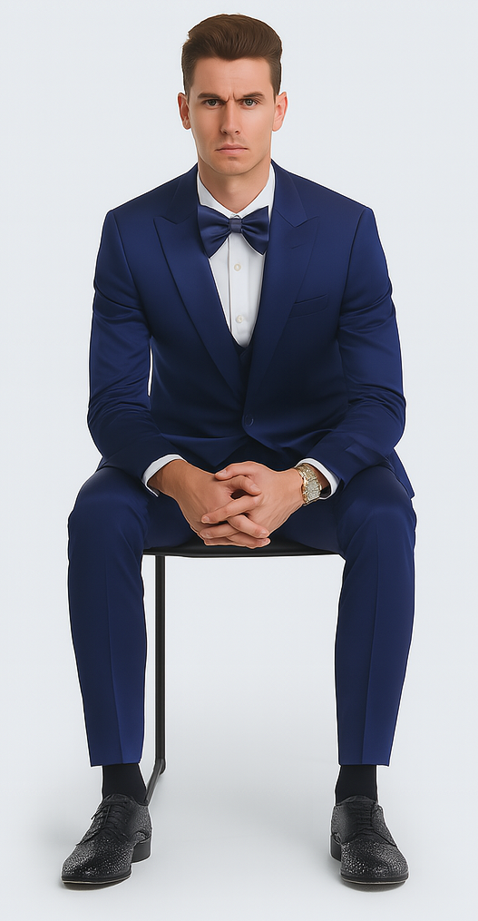 Blue Satin Slim Fit 3 Piece Tazzio Men's Suit with Peak Lapel and Double Breasted Vest Suit