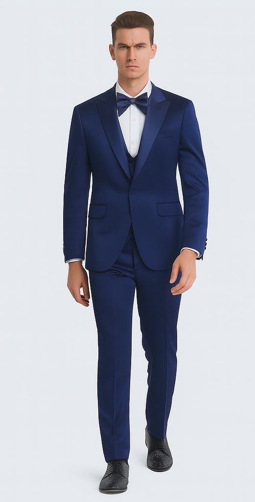 Blue Satin Slim Fit 3 Piece Tazzio Men's Suit with Peak Lapel and Double Breasted Vest Suit