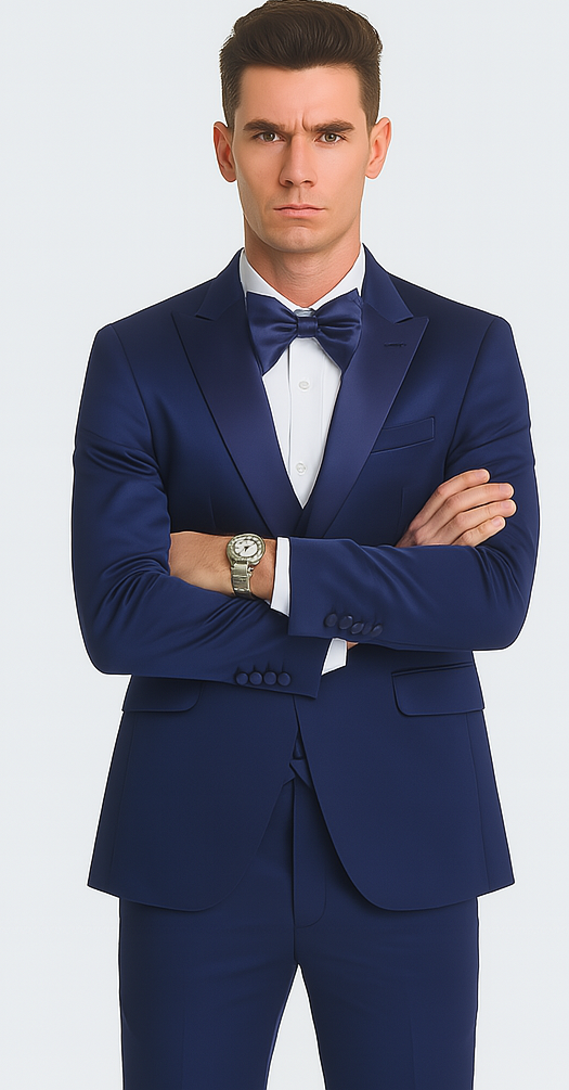 Blue Satin Slim Fit 3 Piece Tazzio Men's Suit with Peak Lapel and Double Breasted Vest Suit