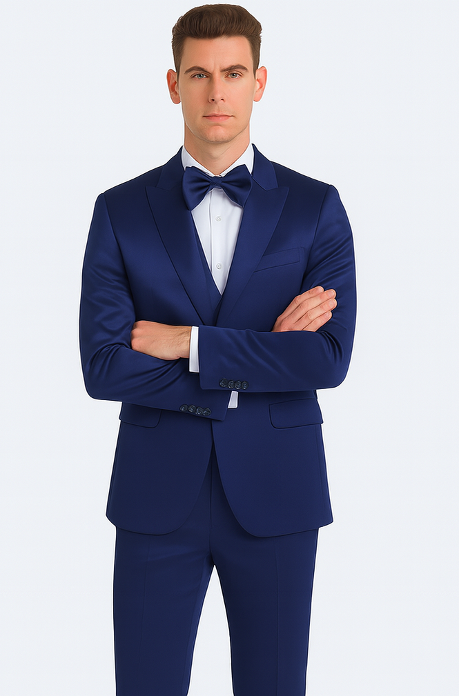 Blue Satin Slim Fit 3 Piece Tazzio Men's Suit with Peak Lapel and Double Breasted Vest Suit