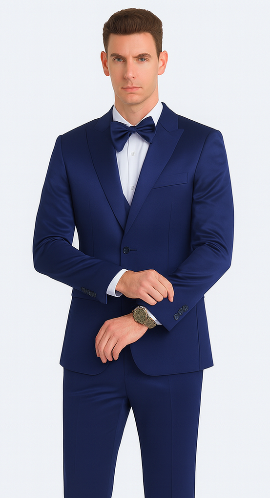 Blue Satin Slim Fit 3 Piece Tazzio Men's Suit with Peak Lapel and Double Breasted Vest Suit