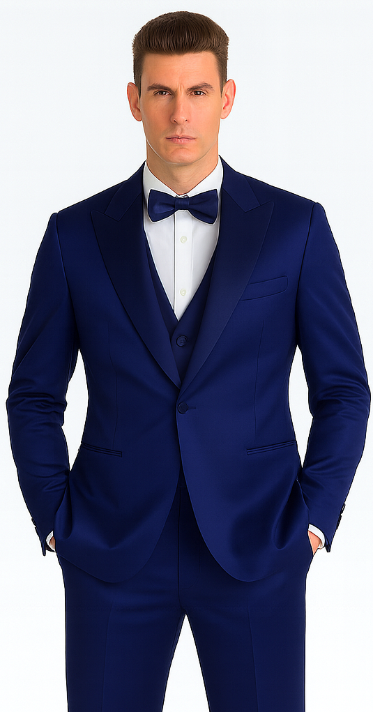 Blue Satin Slim Fit 3 Piece Tazzio Men's Suit with Peak Lapel and Double Breasted Vest Suit