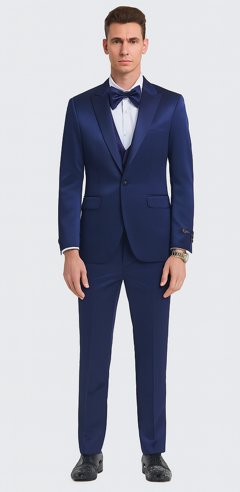 Blue Satin Slim Fit 3 Piece Tazzio Men's Suit with Peak Lapel and Double Breasted Vest Suit