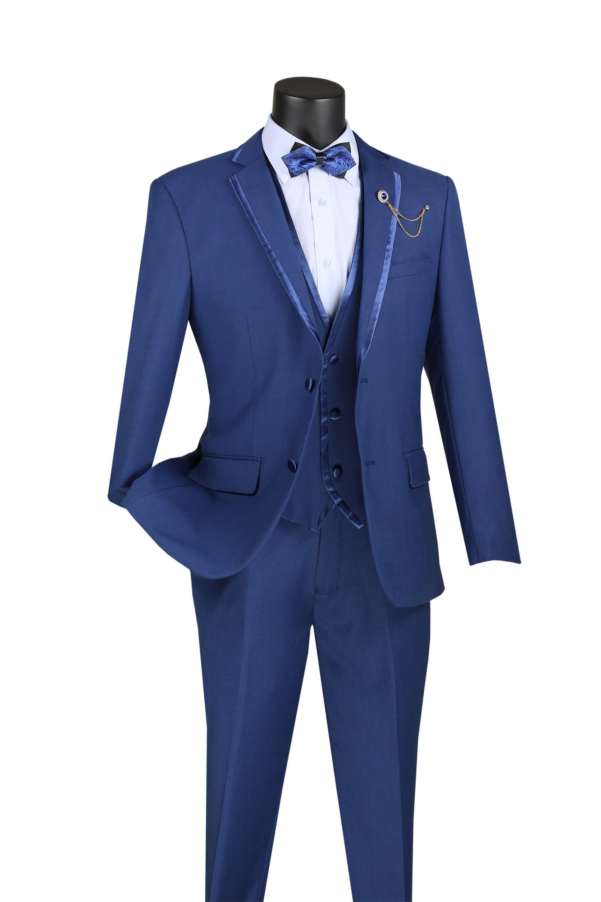 Blue Trimmed Lapel Slim Fit Suit - 3 Piece