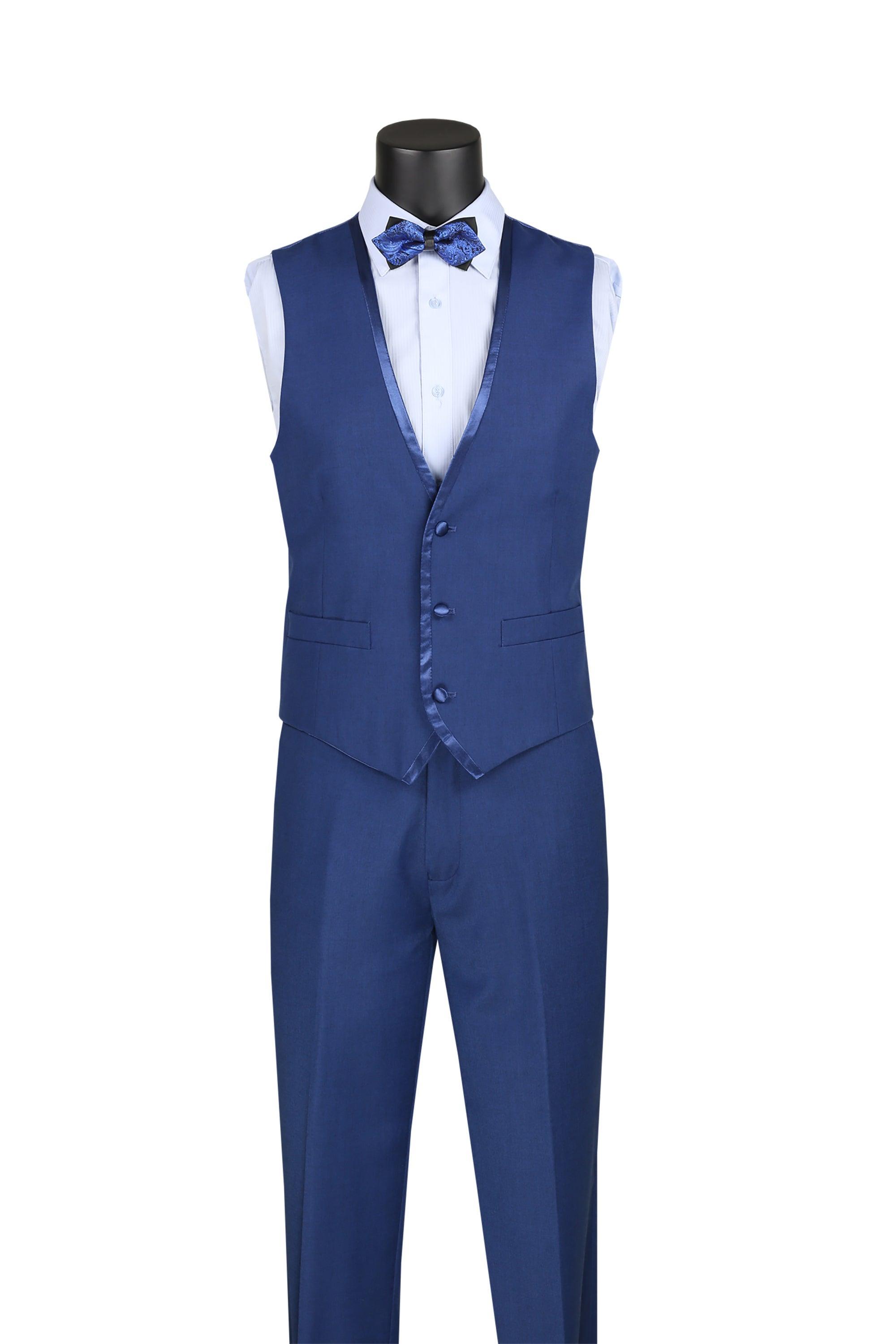 Blue Trimmed Lapel Slim Fit Suit - 3 Piece