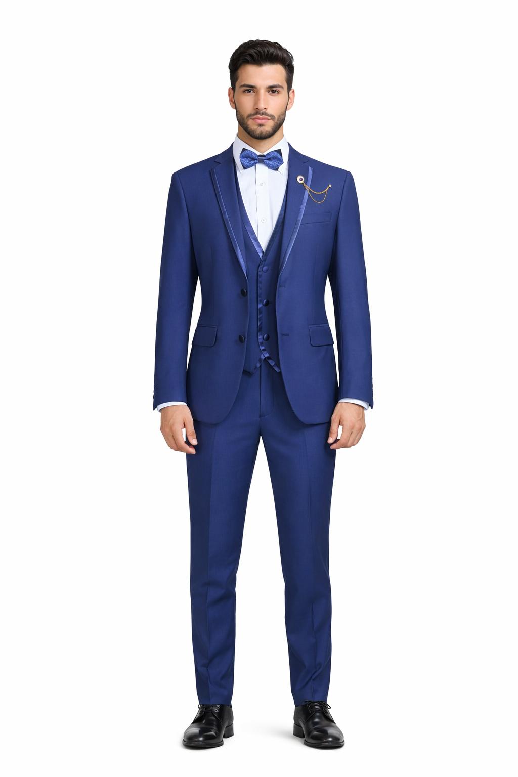 Blue Trimmed Lapel Slim Fit Suit - 3 Piece