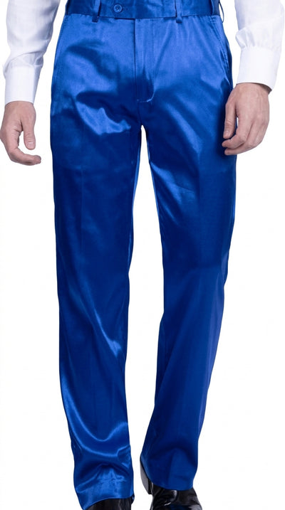 Mens Shiny Stretch Pants Solid Color Slim Fit Sateen Flashy Metallic Slacks in Color "Blue"