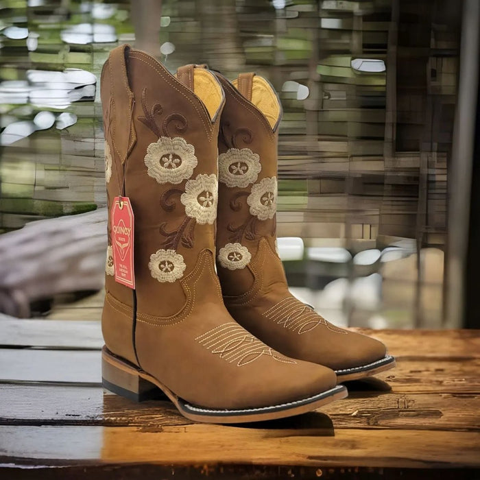 Botas Altas de Cuero con Flores Horma Rodeo Mujer