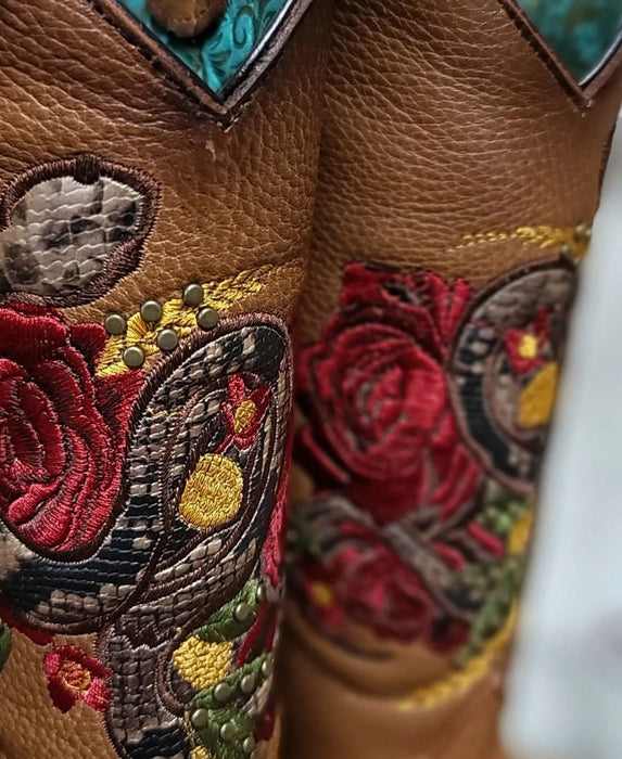 Botas Altas de Cuero con Flores en Horma Rodeo Mujer