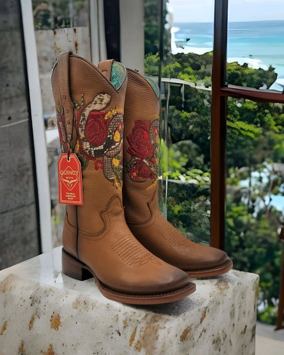 Botas Altas de Cuero con Flores en Horma Rodeo Mujer