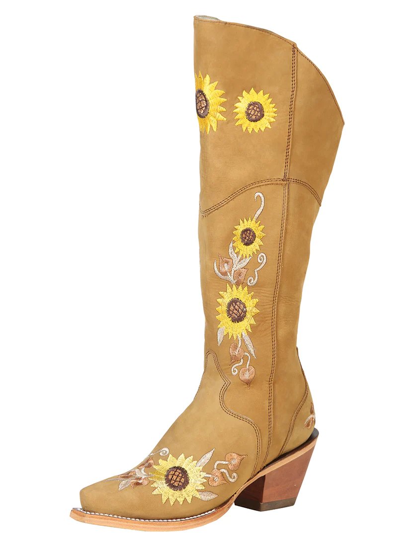 Botas Altas de Gamuza Horma Punta Recortada para Mujer Color Miel y Girasol