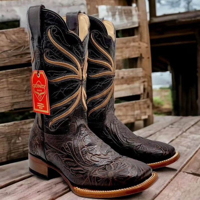 Botas de Cuero Cincelada Horma Rodeo Cuadrada Café