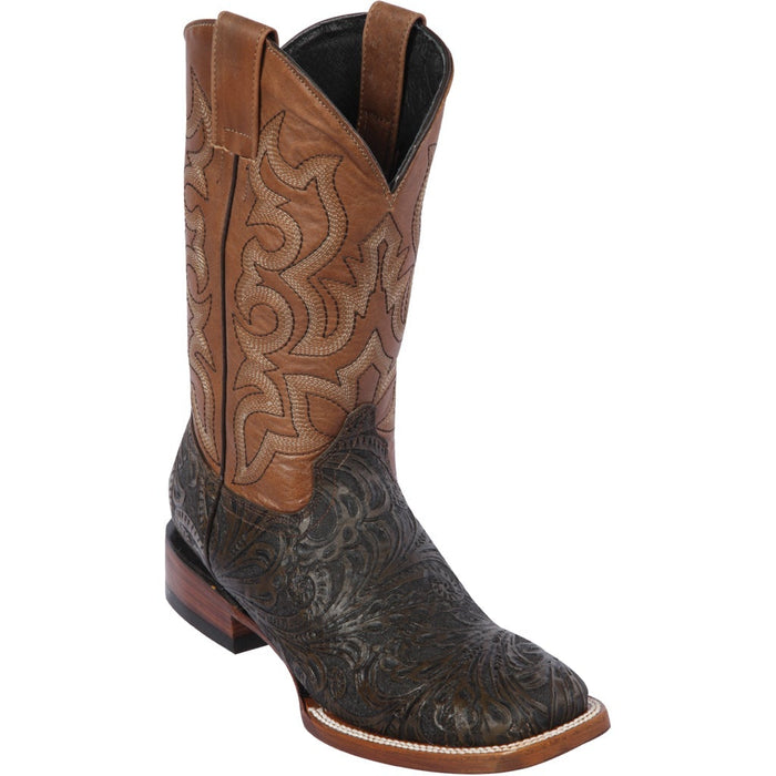 Botas de Cuero Cincelada Horma Rodeo Cuadrada Café