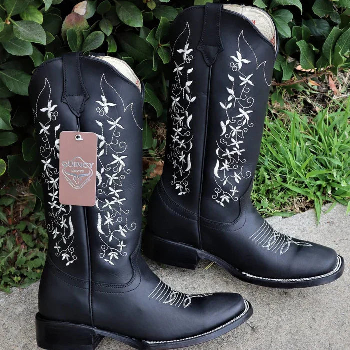 Botas de Cuero con Flores Horma Rodeo Mujer