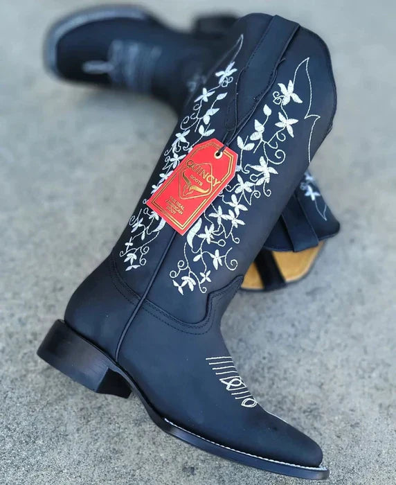 Botas de Cuero con Flores Horma Rodeo Mujer