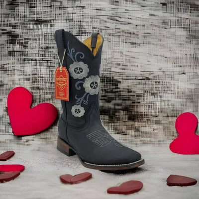 Botas de Cuero con Flores Horma Rodeo Mujer