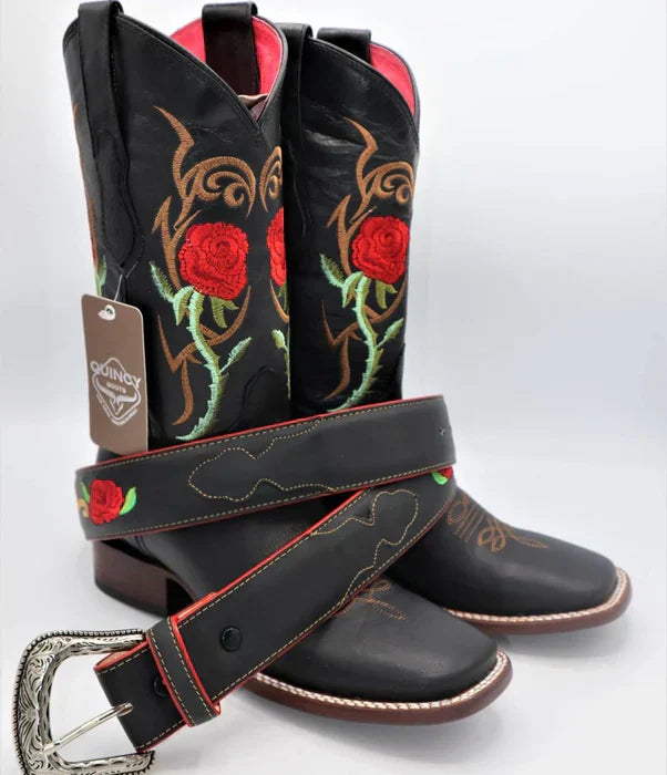 Botas de Cuero con Flores Horma Rodeo Mujer