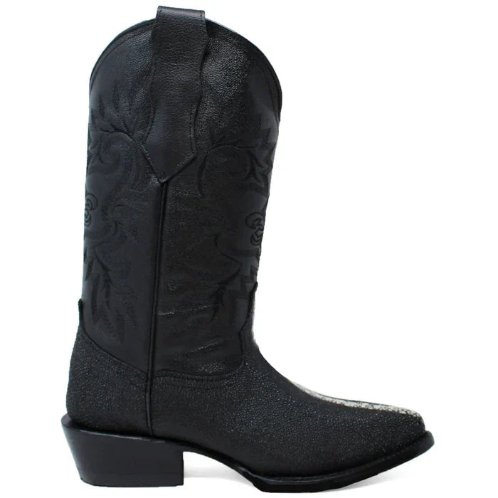 Botas de Mantarraya Perla Completa Grabada Horma Puntal Color Negro LC