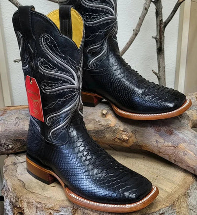 Botas de Pitón Grabado Rodeo Cuadrada Negro