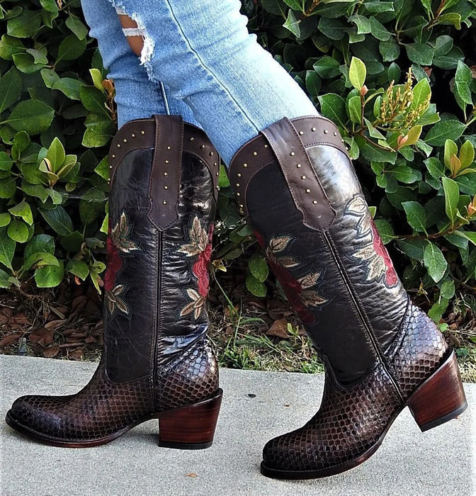 Botas de Piton Grabado para Mujer Punta Oval
