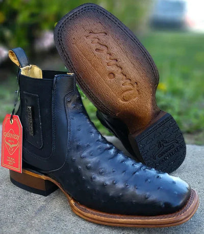Botines de Avestruz Grabado Punta Cuadrada Negro