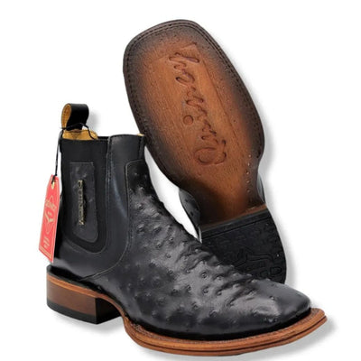 Botines de Avestruz Punta Cuadrada Negro