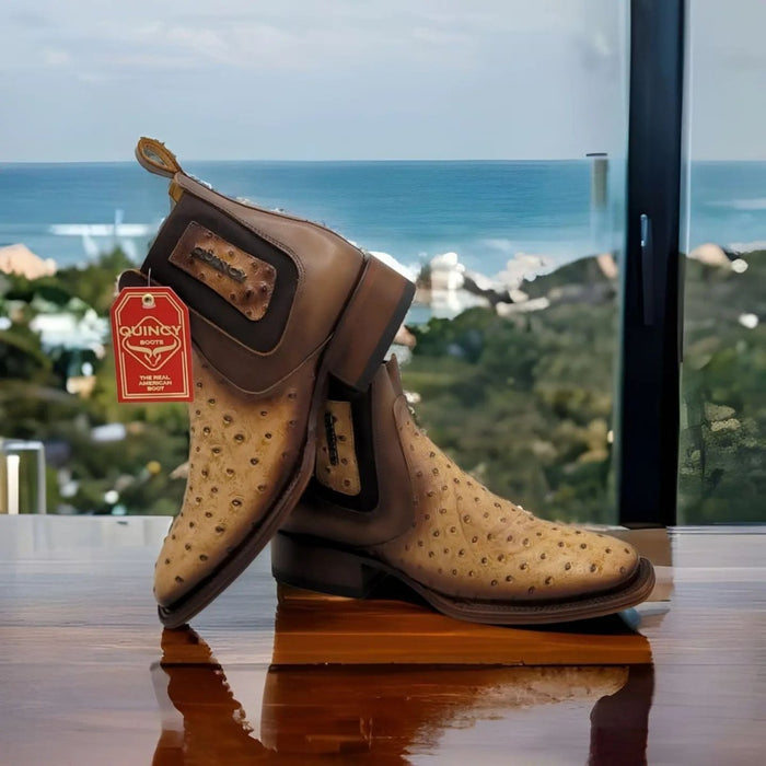 Botin de Avestruz Grabado con Punta Cuadrada