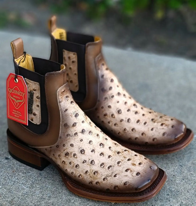 Botin de Avestruz Grabado con Punta Cuadrada