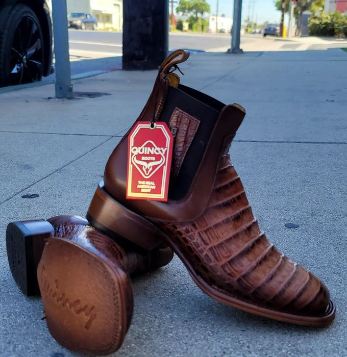 Botin de Cocodrilo Grabado Nuca Punta Cuadrada Cognac