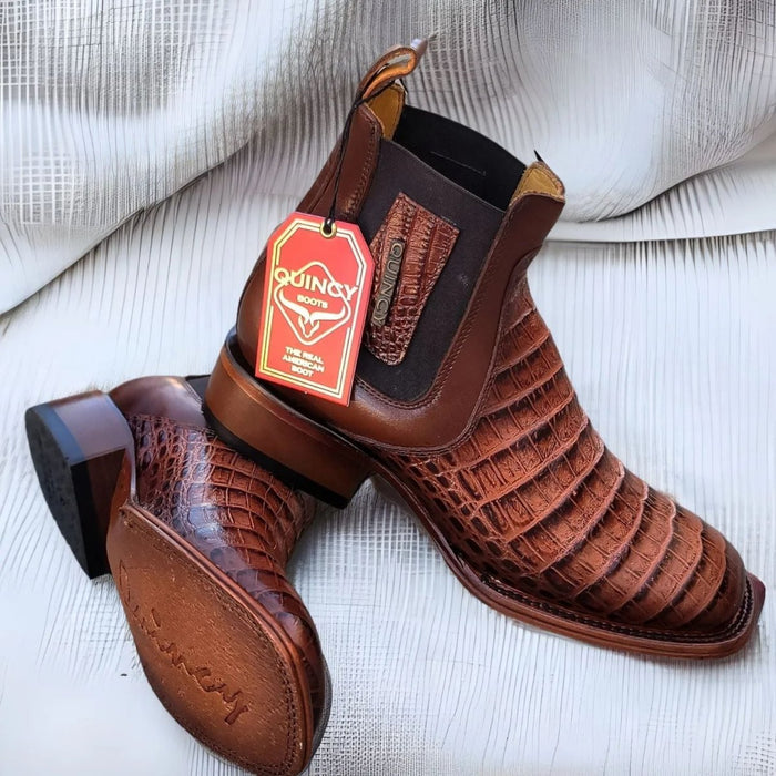 Botin de Cocodrilo Grabado Nuca Punta Cuadrada Cognac