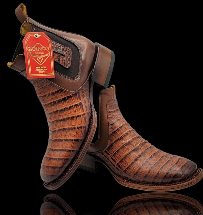 Botin de Cocodrilo Grabado Nuca Punta Cuadrada Cognac