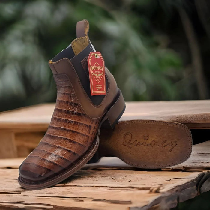 Botin de Cocodrilo Grabado Nuca Punta Cuadrada Cognac